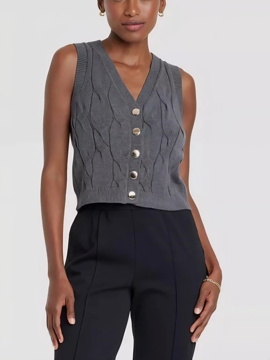 a new day Sweaters - a new day Gray Cable-Knit V-Neck Button Front Sweater Vest